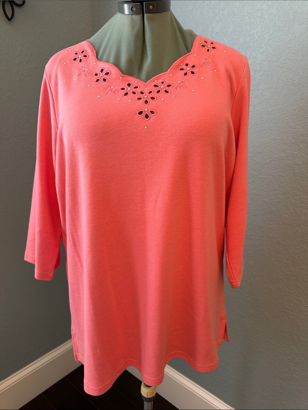 Quacker Factory Coral 3/4 Sleeve Top with Eyelet Neck